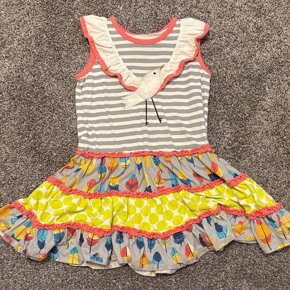 Jelly The Pug Gray and Pink Striped Dress with Bird Design